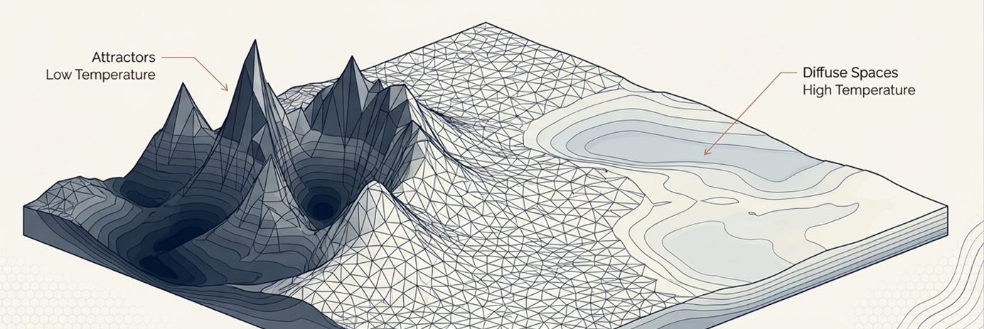 A three-dimensional semantic landscape: sharp attractor peaks of low temperature rise on the left while smooth diffuse spaces of high temperature spread to the right