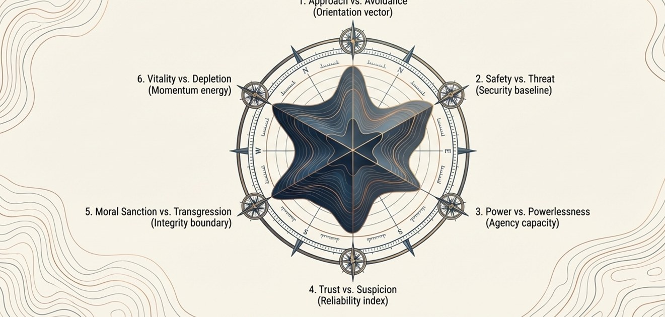 The six-coordinate compass: Approach versus Avoidance, Safety versus Threat, Power versus Powerlessness, Trust versus Suspicion, Moral Sanction versus Transgression, and Vitality versus Depletion, plotted together as one continuous star-shaped form