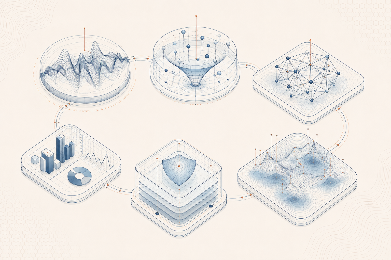 A six-stage navy wireframe journey from human signal through associative processing, population topography and protected aggregate data to analysis